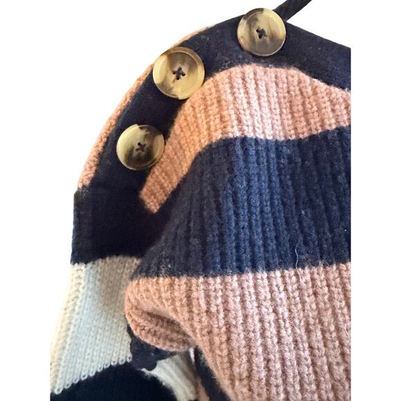Madewell Striped Merino Wool Sweater XS Navy Blush Button Shoulder - Picture 3 of 6